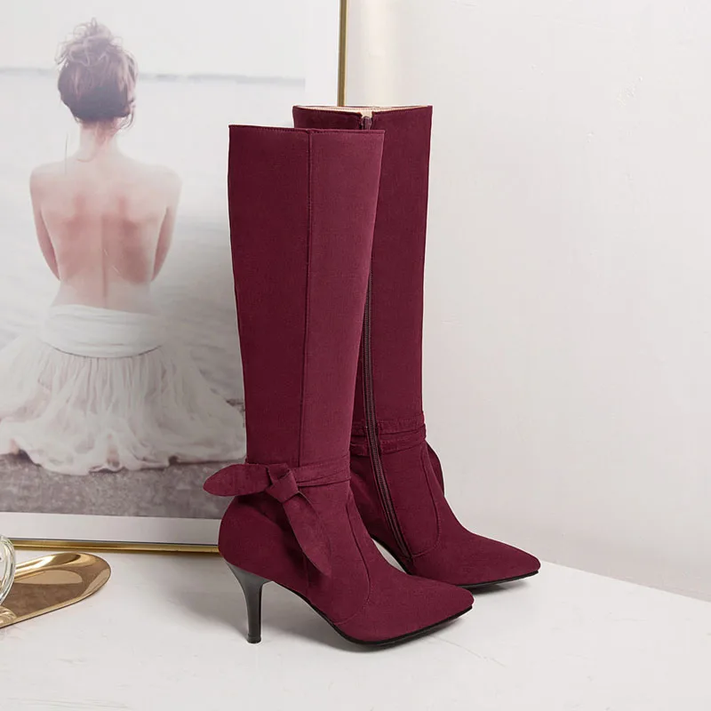 

Sexy Knee High Boots for Women Pointed Toe Thin Heels Elegant Bow Ladies Booties Shoes Autumn Winter Female Long Botas WSH5423