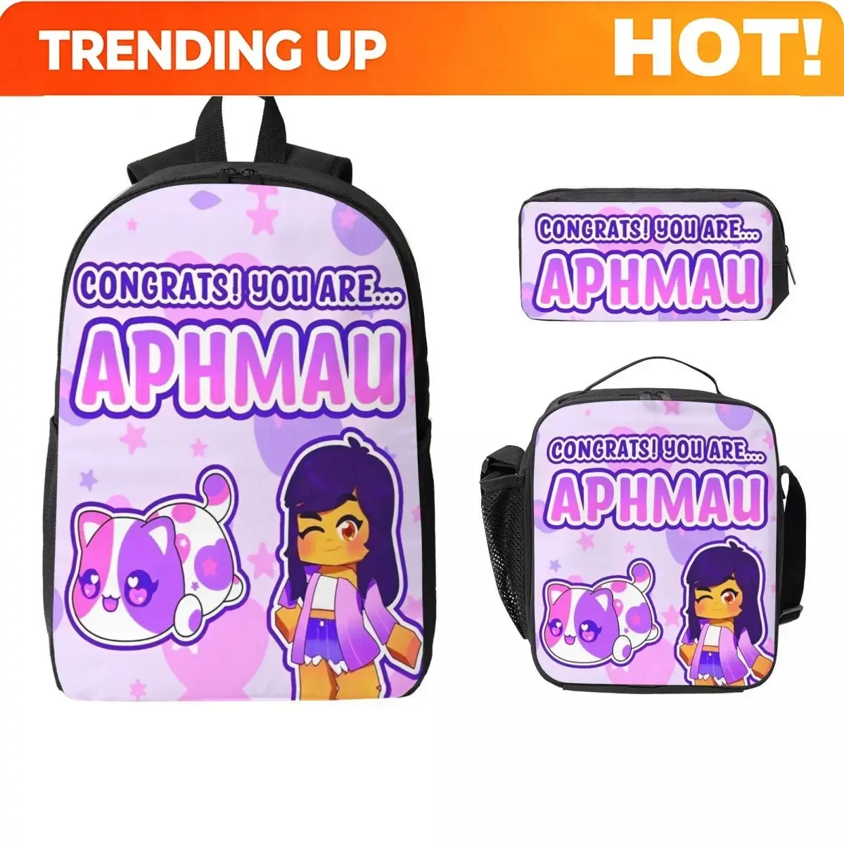 Custom Bag 3Pcs APHMAU And Cats Accessories Backpack Set For Children Pen Bags Bookbag Sets With Lunch Box For School Students D