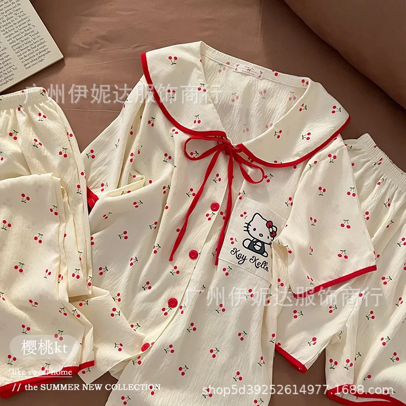 

Комплект из 3 предметов: пижама Hello Kitty 2025 года, летняя, из облачного хлопка, с круглым вырезом, короткими рукавами и шортами, для девочек, домашняя одежда