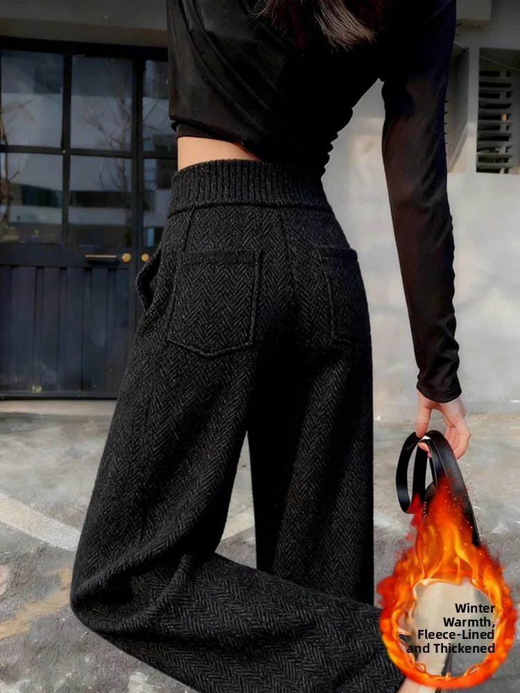 

High Waist Wide Leg Pants Women's Fce Lined Thiened Drapey Casual Loose Sle Straight Leg Trousers Autumn Winter New Ar...