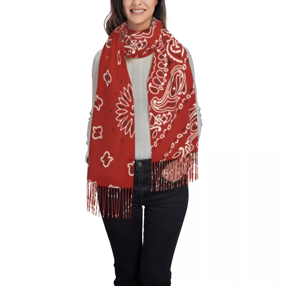 Bufanda de borla de estilo Cachemira para mujer, Bandana roja fresca de lujo, chal cálido para mujer, invierno y otoño