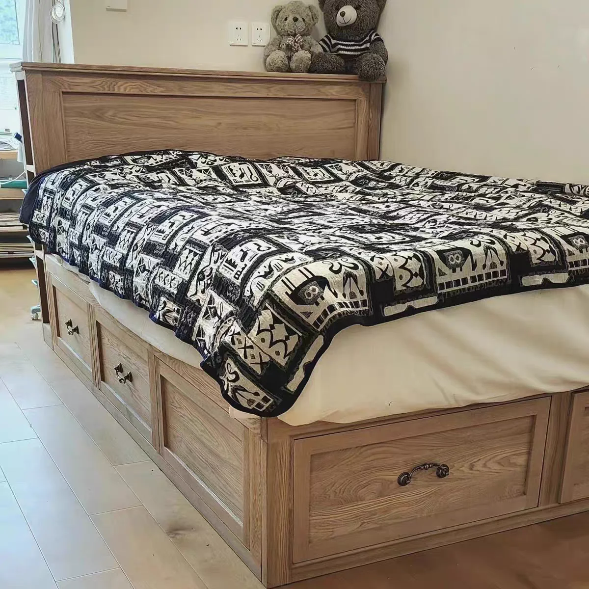#RHAmerican-style Red Oak Mortise & Tenon Storage Bed Customizable High Box 1.8m Double Bed Simple Rustic Vintage Design