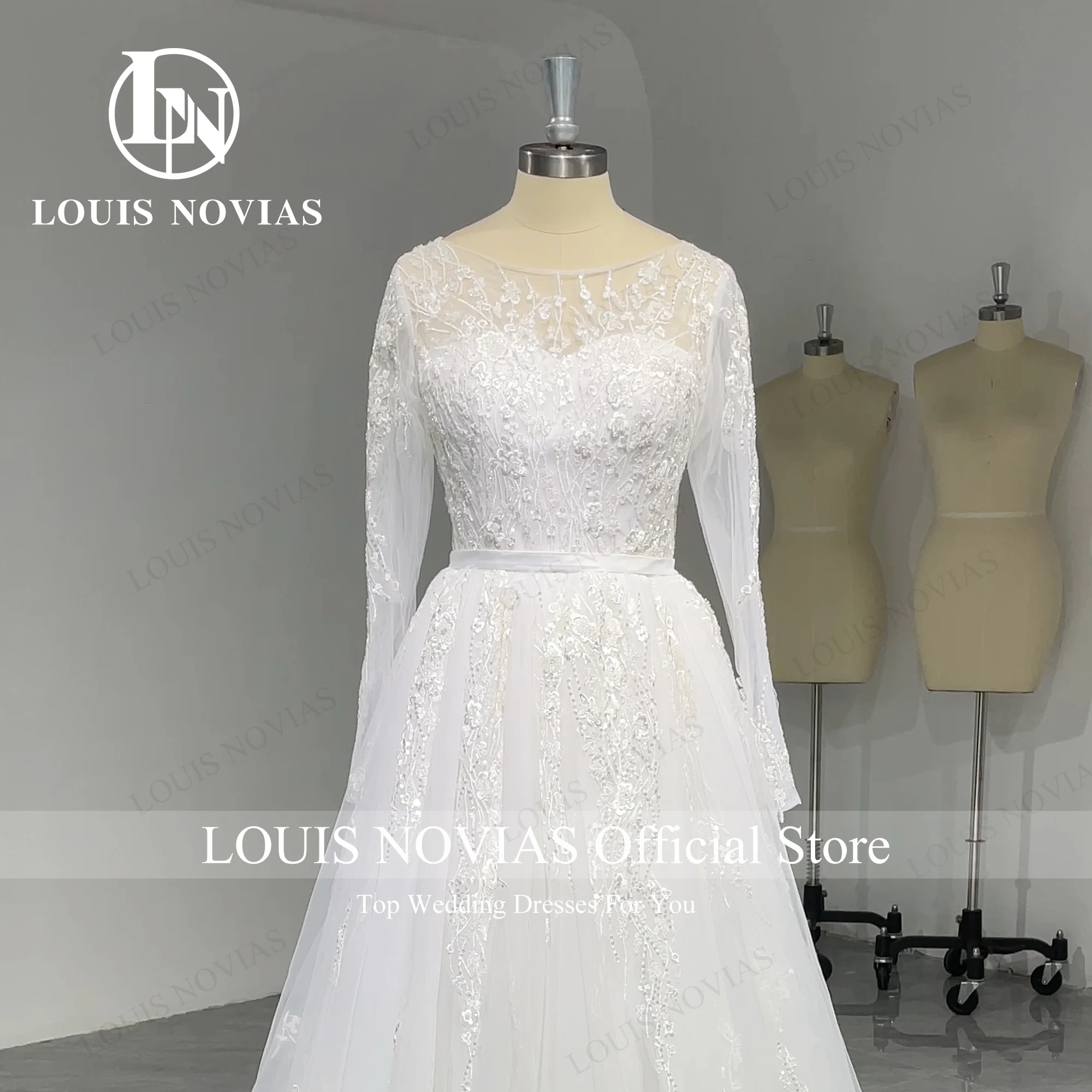 

LOUIS NOVIAS A-Line Wedding Dress 100% Real Photo Scoop Beading Embroidery Long Sleeve Semi-Transparent Vestidos De Novia