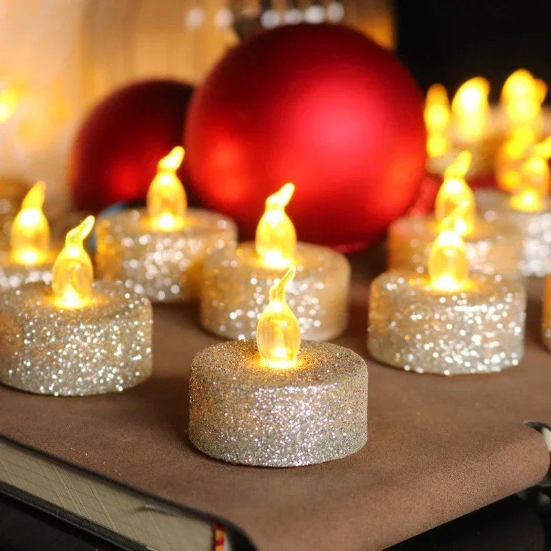12/3Pcs Gold Powder Candles LED Flash Candles Lights Flameless Glitter Tealight Candles for Birthday Party Wedding Decorations