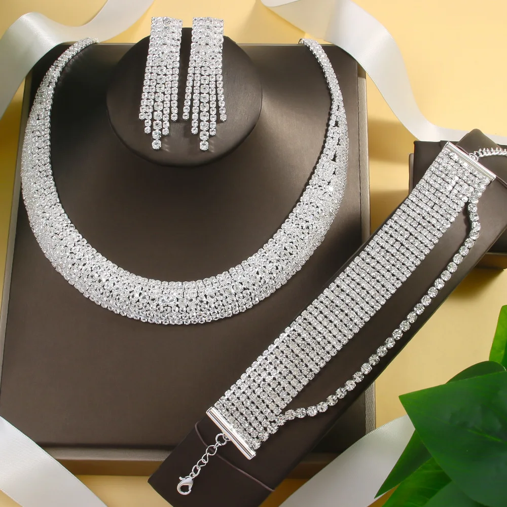 Stonefans Multiple Rows Necklace Earrings and Braacelet Set  Women Luxury Accessories Rhinestone Wedding Jewelry Sets Bridal New