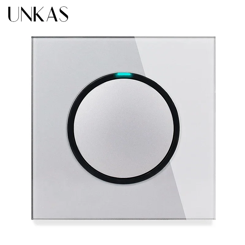 UNKAS Grey 1 2 3 4 Gang 1 / 2 Way Random Click on / Off Pass Through Wall Light Switch LED Indicator Gray Crystal Glass Panel image 3