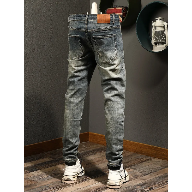 Осень 2021, мужская одежда, элитные джинсы в стиле ретро, мужские прямые повседневные уличные ностальгические эластичные облегающие джинсовые брюки