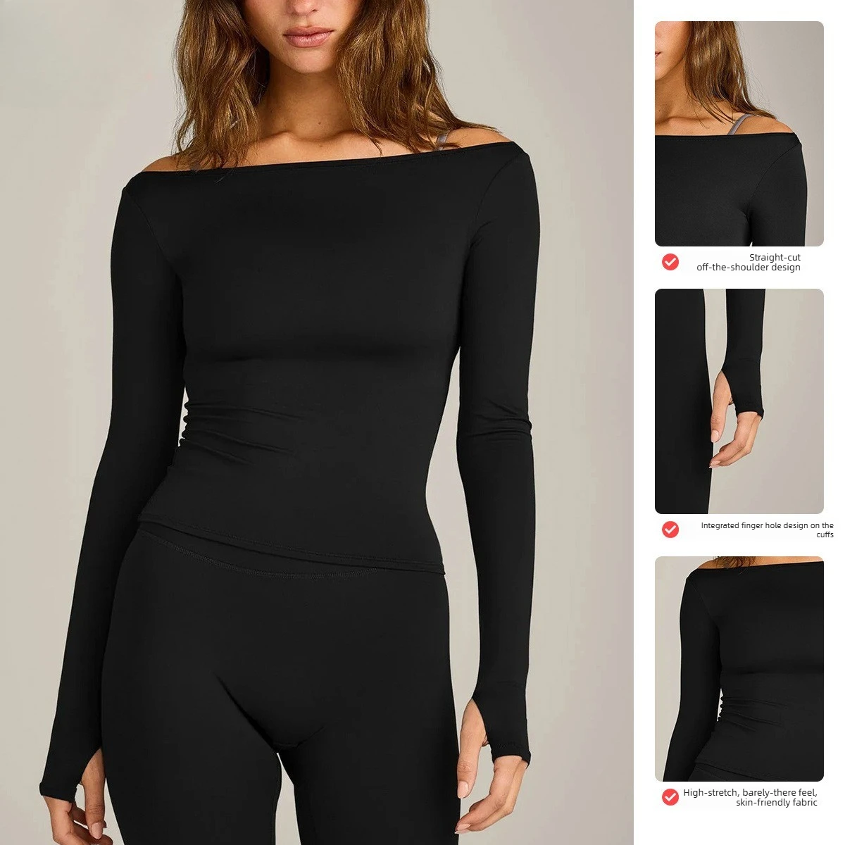 Women Off Shoulder Long Sleeve Yoga Top Thumb Hole Ruched Slim Fit Crop Workout Shirt Elegant Athletic Gym Quick-Dry T-shirt