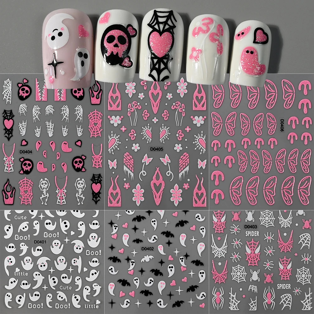 6pc Pink Skull Halloween Glitter Nail Sticker Set Self Adhesive Spider Web/butterfly Wing Shining Nail Decal Manicure Decoration