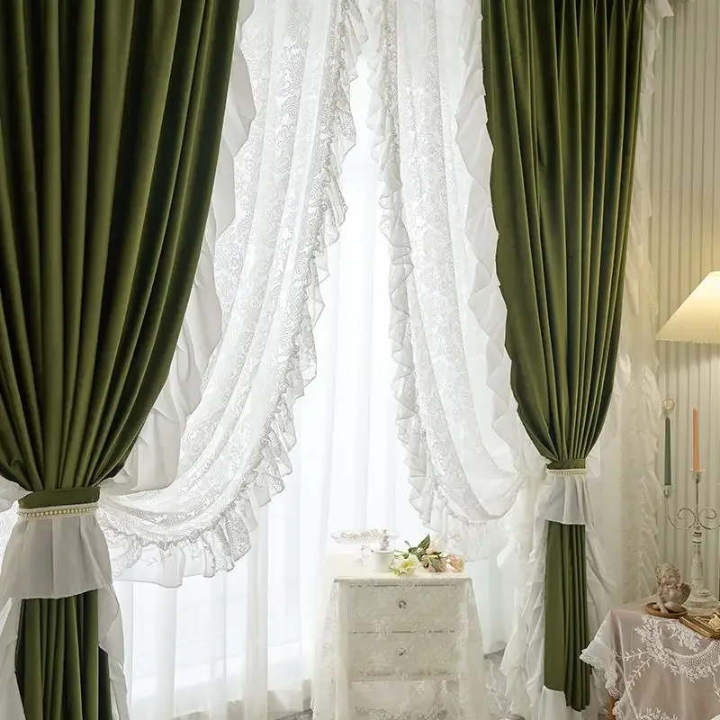 

French Sicilian Style Shading Curtains for Living Room Luxury Court Romantic Olive Green Study Girl Curtains