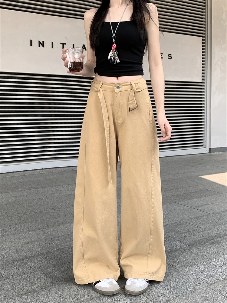 

Temperament khaki high waisted jeans women's 2025 summer new style loose straight leg pants leisure simple long pants