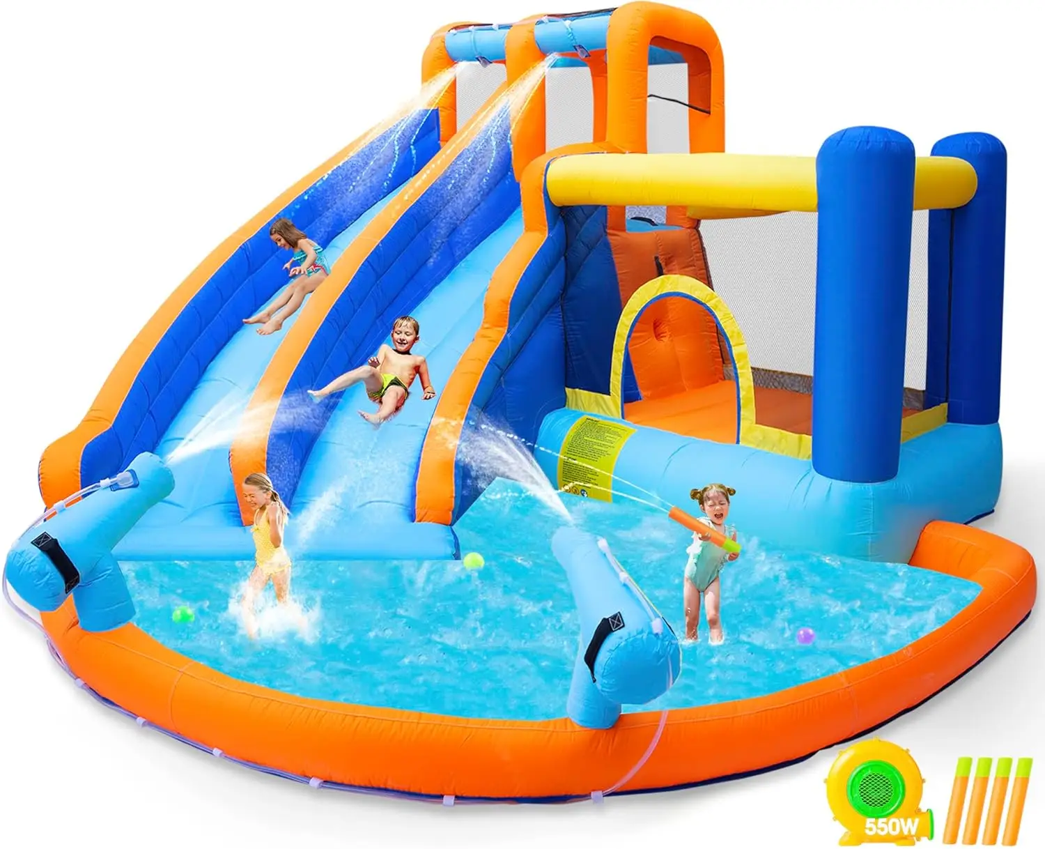 Inflatable Water Slide Bounce House,Giant Water Park, Double Slide Bouncer Castle w/Splash Pool, Jump Area, Climbing Wall, 550W