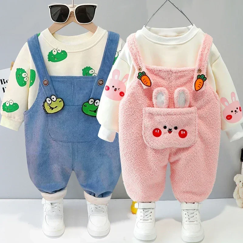 2024 new children's cartoon rabbit ear set boys and girls Plush suspender pants two-piece Baby Sweater sportswear