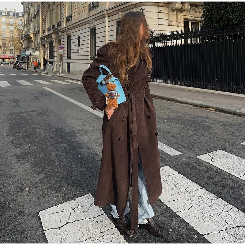 

New Retro Suede Long Trench Coat With Belt Women Lapel Double-breasted Jacket With Pockets