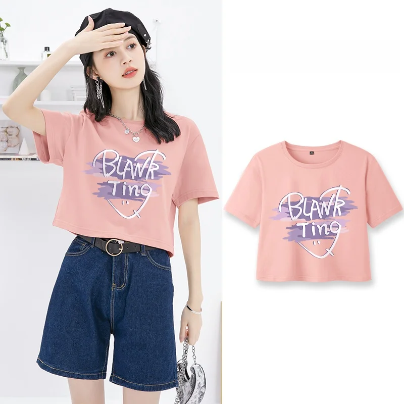 เสื้อยืดผ้าฝ้ายแท้ทรงสลิมฟิต คอกลม สำหรับผู้หญิง ลายพิมพ์ลำลอง สีม่วง รุ่นใหม่สำหรับฤดูร้อน