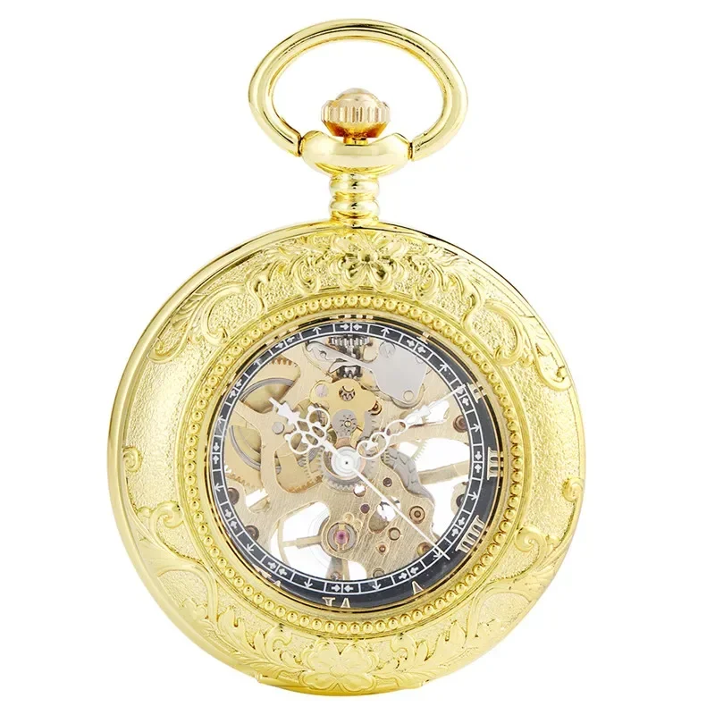 Luxury Golden Transparent Cover Men's Hand-winding Mechanical Pocket Watch Roman Numerals Skeleton Pendant Clock with Fob Chain