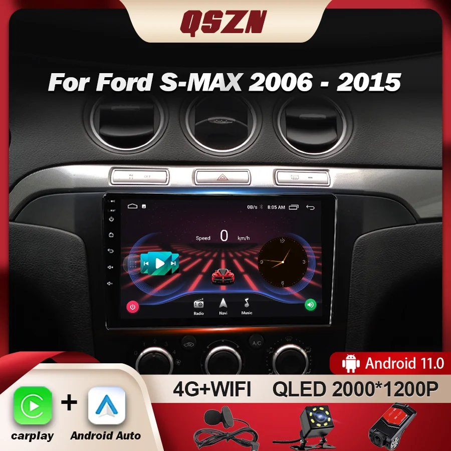 

QSZN For Ford S-MAX S MAX 1 2007 - 2015 MANUAL AC Car Radio Multimedia Video Player Navigation GPS Carplay Android 12 2K QLED