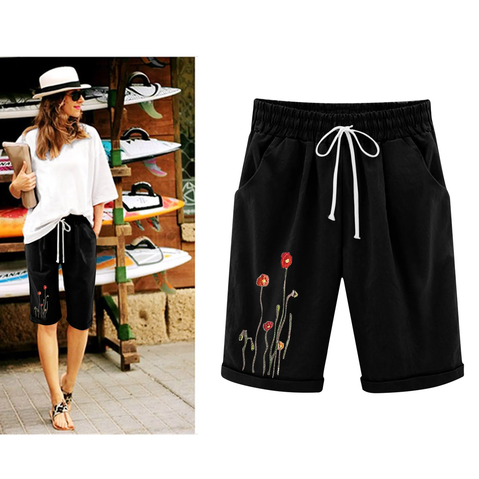 Floral Print Casual Women Shorts Plus Size Cropped Drawstring Short Pants Mujer Spring Summer Loose Comfy Cortos Streetwear