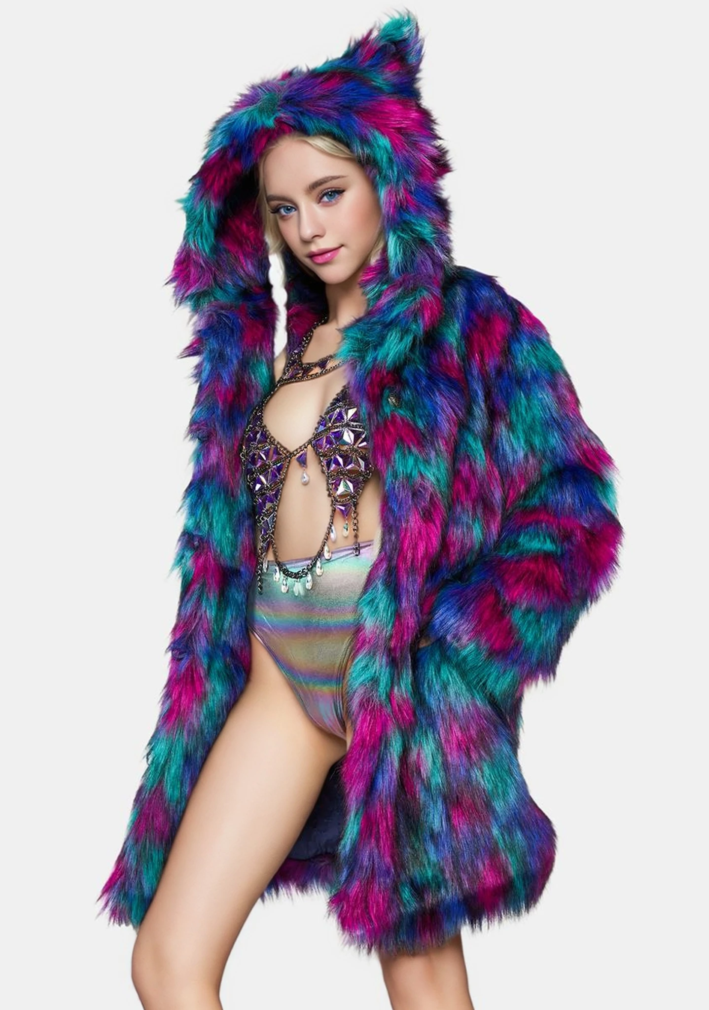 Women's faux fur coat, midi hooded animal ears dazzling patchwork, fashionable classic fake fur coat