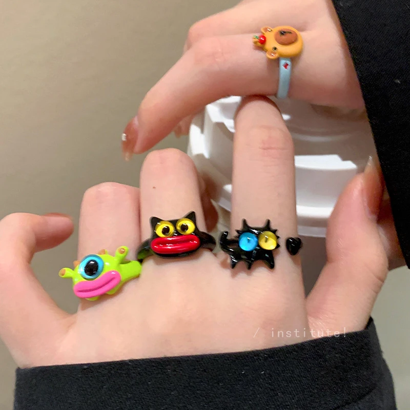 WLP New Cute Ugly Cartoon Colorful Enamel Opening Rings for Women Kids Sweet Funny Animal Cat Adjustable Finger Ring Jewelry