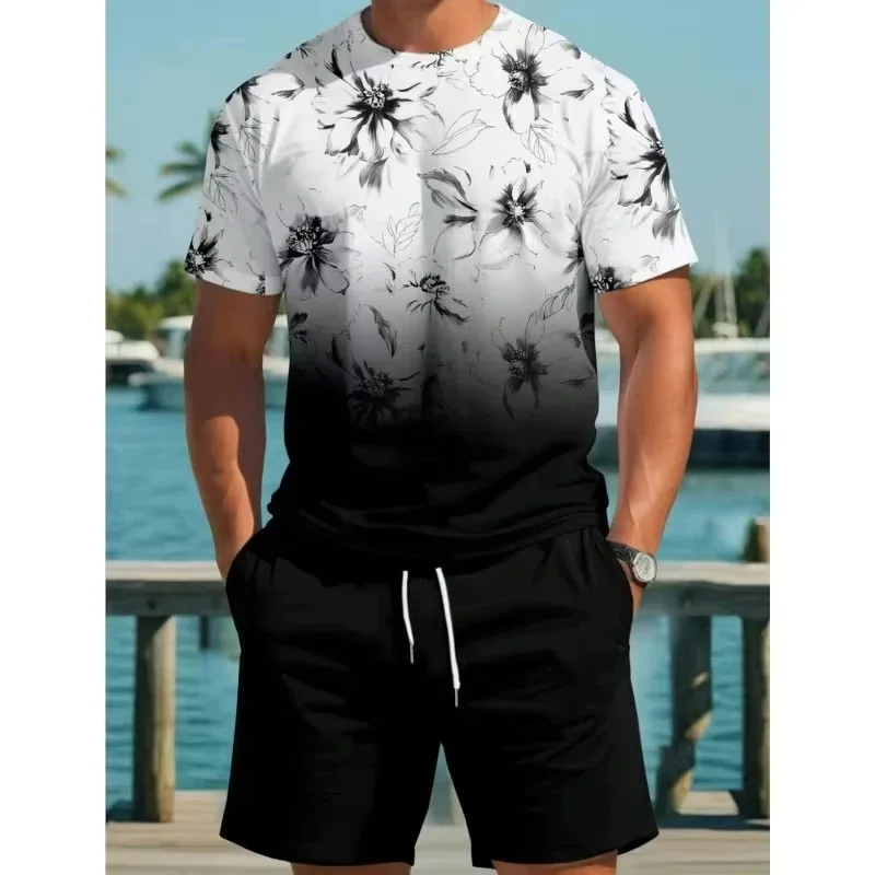 2025 Summer Men's Sportswear T-shirt Set 3D Printed Tropical Floral Women's Round Neck Short Sleeved Shorts Beach Vacation Suit