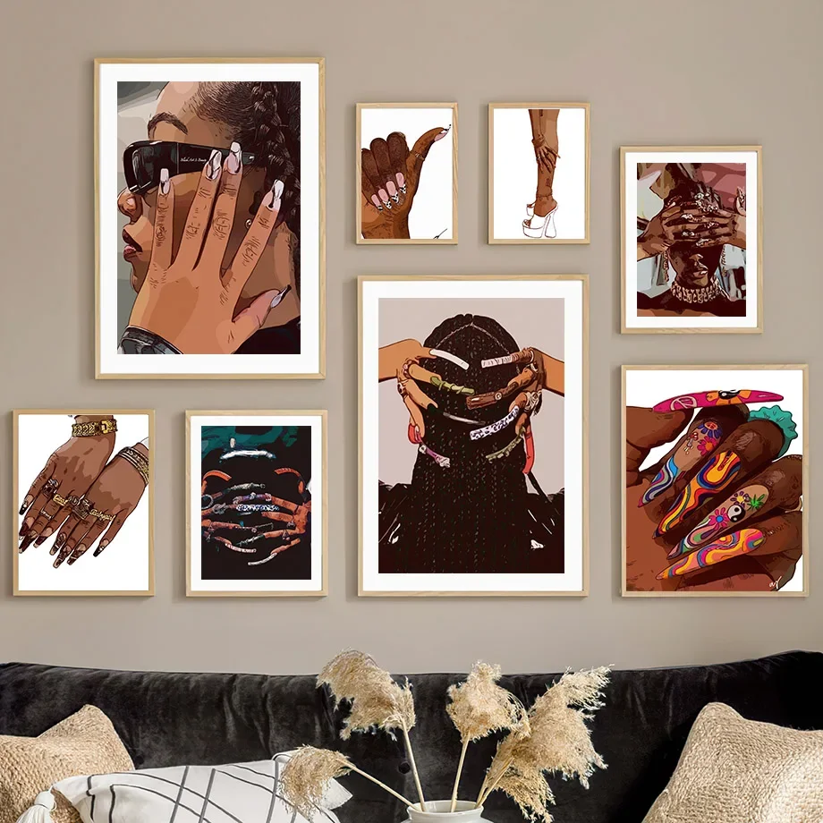 Fashion Glasses Black Girl Beautiful Nails Wall Art Canvas Painting Living Room Decoration Posters And Prints Home Wall Pictures