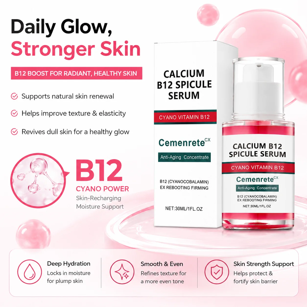 Calcium B12 Pink Spicule Anti Wrinkle Serum Shrink Enlarged Pores Refine Renewal Skin Texture Revitalizing Hydrating Face Serum