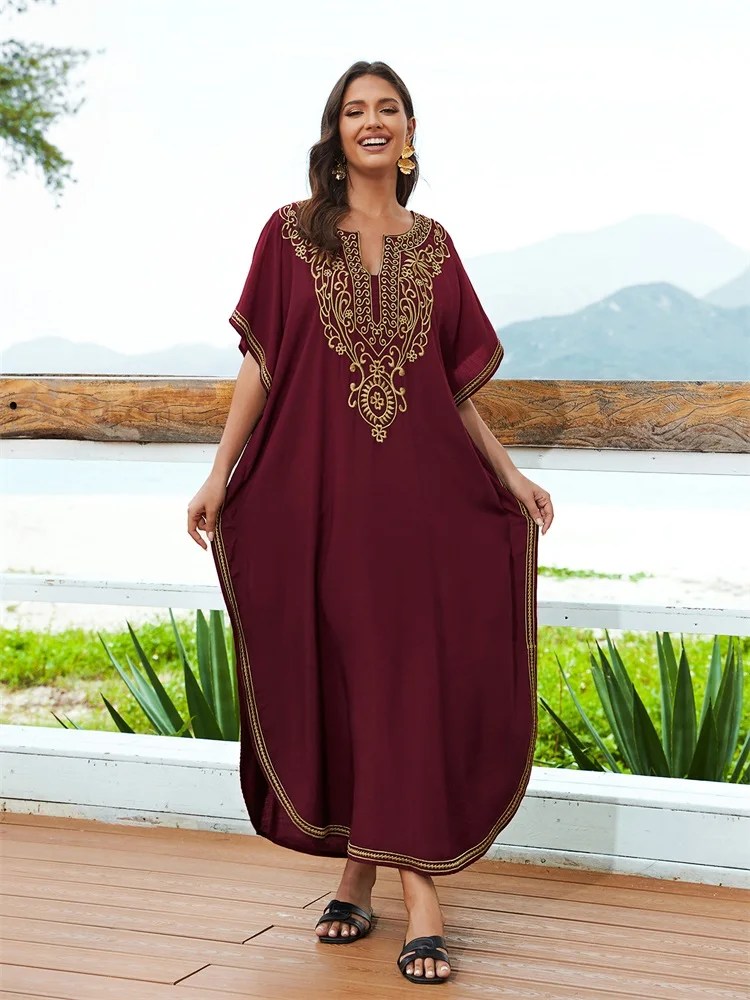 2024 Summer Red Embroidered Printed Bohemian V-neck Kaftan Loose Holiday Swimsuit Cover Up Women Causal Beach Maxi Dress Q1610