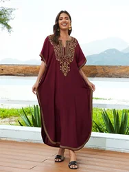 2024 Summer Red Embroidered Printed Bohemian V-neck Kaftan Loose Holiday Swimsuit Cover Up Women Causal Beach Maxi Dress Q1610