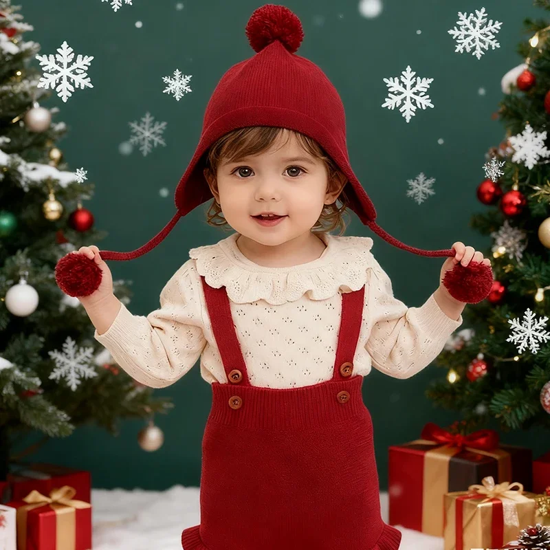 2025 New Autumn Christmas Toddler Baby Girls Clothing Sets Long Sleeved Knitted Sweater+Jumpsuit+Hat  New Year Clothes Suit #2