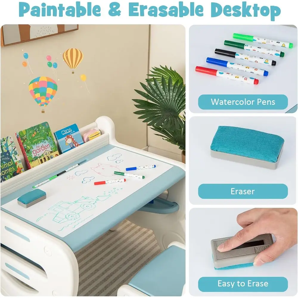 Tavolo e sedia in plastica per bambini con lavagna, portaoggetti e accessori artistici in blu