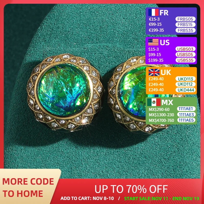 

Vintage Green Opal Earrings Natural Stone Abalone Shell Rhinestones Round Gold Color Woman Accessory Luxury Designer Jewelry