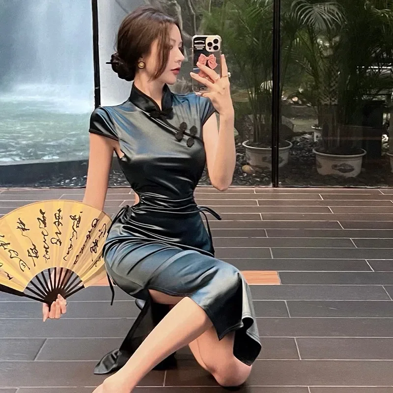 

Lady French Retro Slim Qipao Vintage Party Dress Women Traditional Chinese Style Cheongsam Fashion Elegant Long Dresses Vestidos