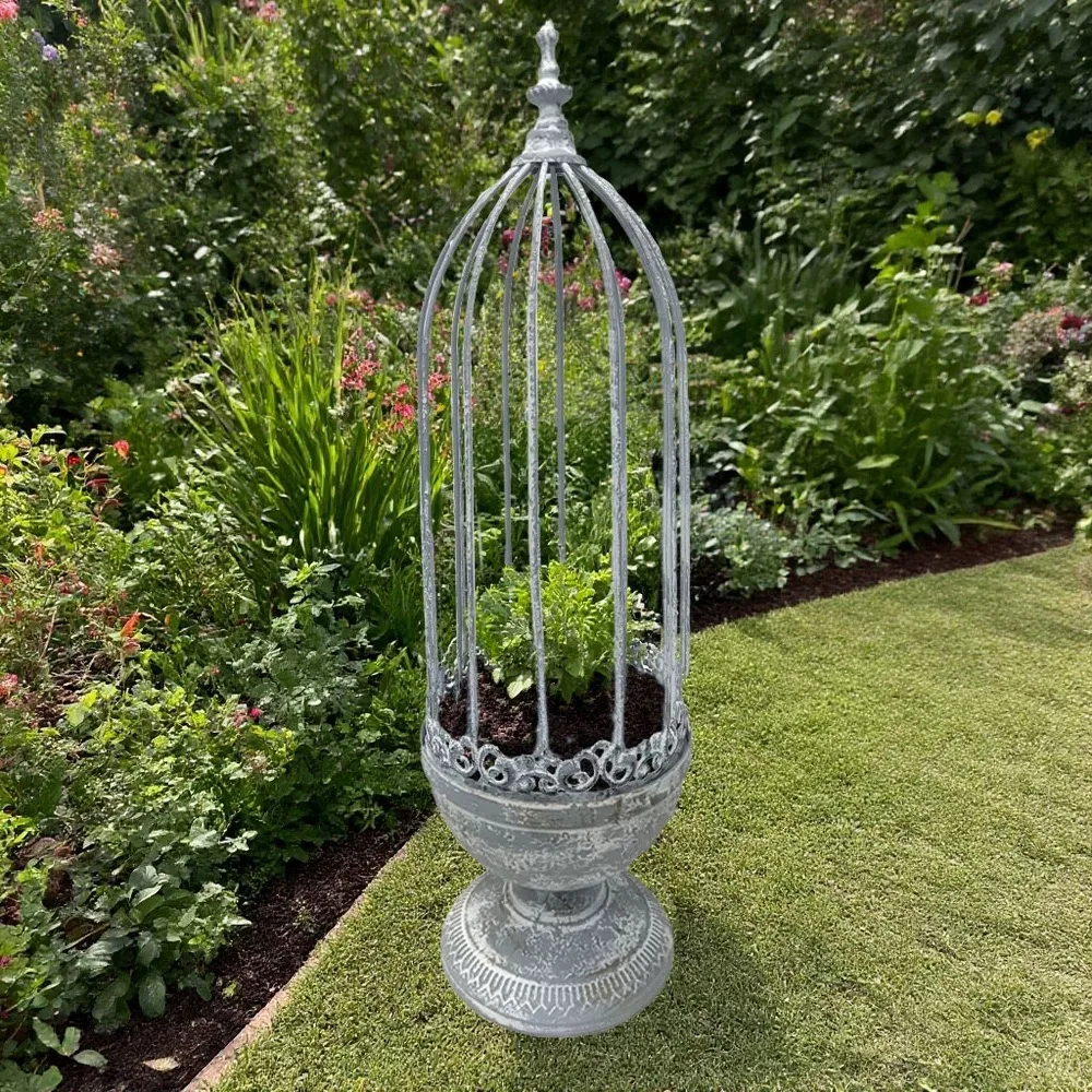 Decorative Bird Cage Planter Stand, Gray Metal, Vintage Distressed Finish, Iron Construction, Freestanding Garden Decor