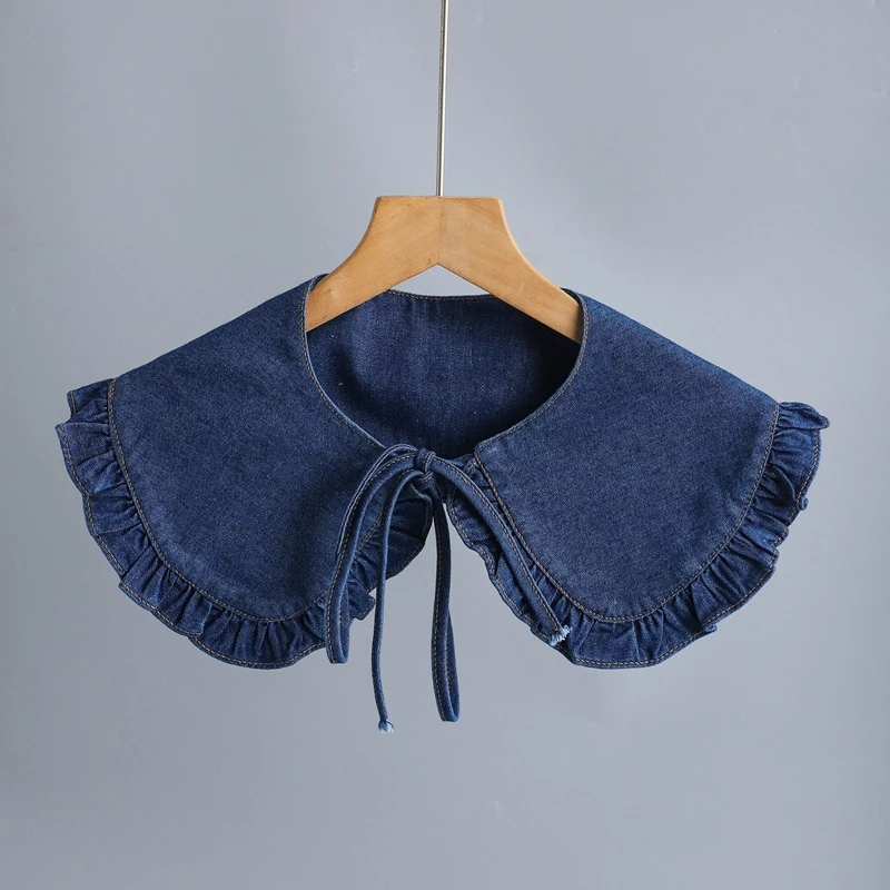Sweet Blue Denim Ruffle False Collar Women Detachable Lapel Shawl Collar Sweater Blouse Decorative Shoulders Cape view 4