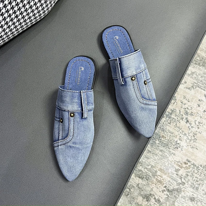 

Large Size Denim Pointy Toe Women's Shoes 2023 Summer New Tide Brand Outside Wear Soft Bottom Comfortable Casual Women Slippers