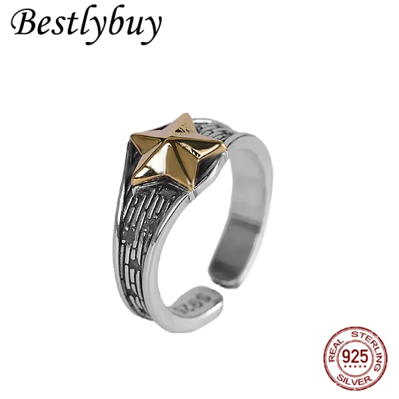 

NEW S925 Silver Retro Gold Pentagram Ring Men's And Women's Fashion Trend European And American Jewelry