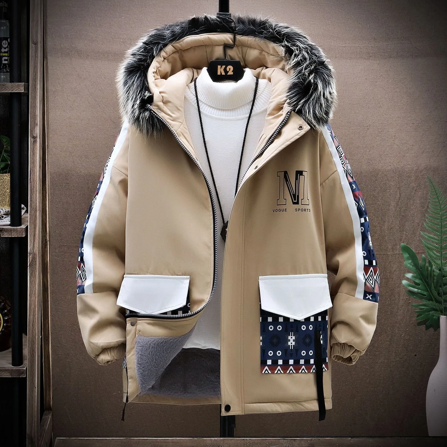 

Winter New Fashion Trend Printed and Plush Thick Warm Cotton Jacket For Men's Casual Loose Sports Plus Large Hooded Jacket M-3XL