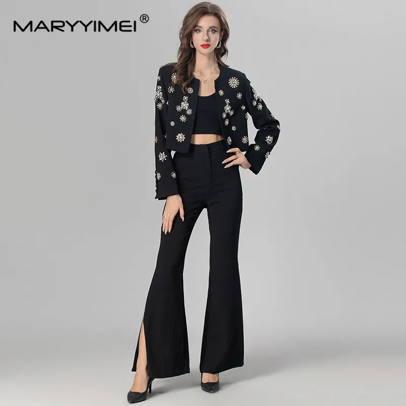 MARYYIMEI Fashion Autumn and Winter Women's Suit Long-Sleeved Crystal Cardigan jacket Tops+Side Split Flare Pants 2 piece set