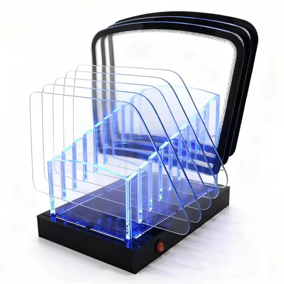 

Стойка-держатель из акрила на 8 слотов для тестирования теплоотражающих пленок на автомобильные окна, с отсеками для 3-х лобовых и 5-ти боковых стекол