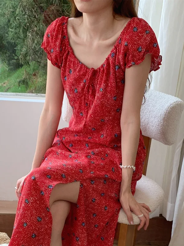 

Летнее платье с цветочным принтом в стиле ретро, женская облегающая длинная юбка с разрезом по бокам, корейская длинная юбка Sle ort Sve Maxi Dr