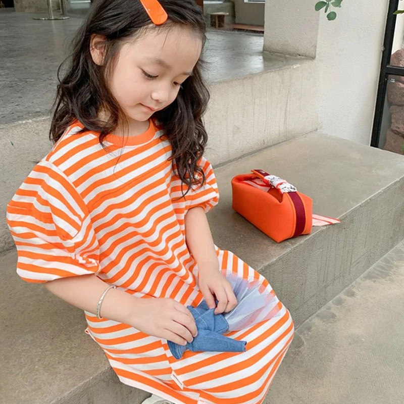 Girls T-Shirt Dress Striped Mid-Sleeve Long Top Sweater Dress 2022 Spring Summer New Fashion Casual Sports Children\'S Clothing