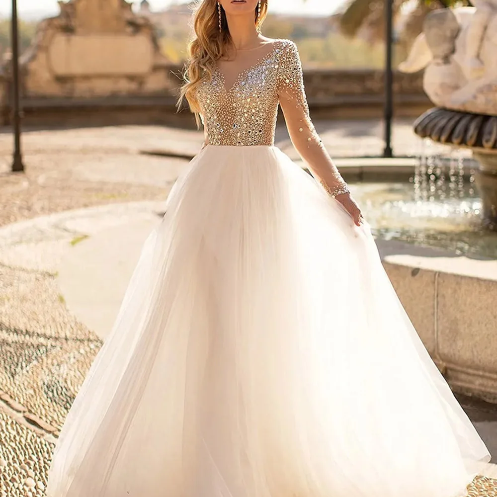 Nuovo abito da sposa a-line 2023 illumison scollo a v maniche lunghe perline di cristallo Tulle Boho abiti da festa nuziale Vestidos De Novia