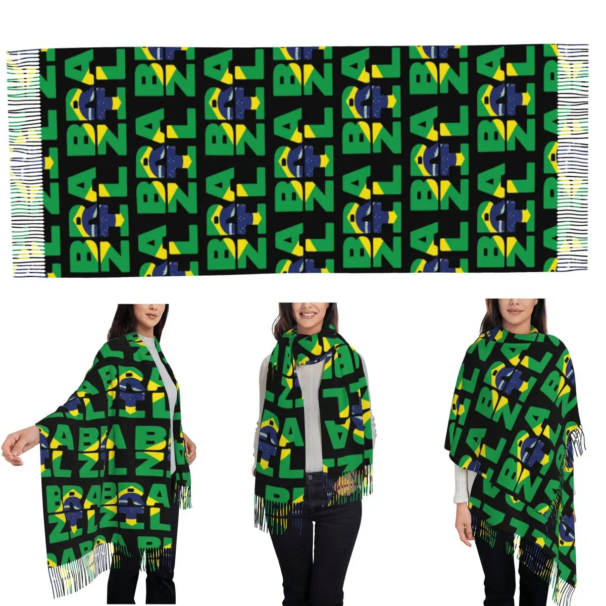Brazil Flag Text Scarf Tassel Scarves Women Soft Warm Shawls and Wraps Long Fall Winter Shawl Wrap