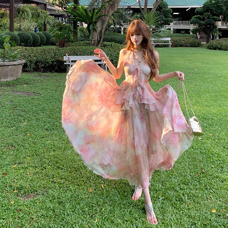 

Coigarsam Women's 2024 French Style Floral Print Spaghetti Strap High Waist Oil Painting Fairy Dress