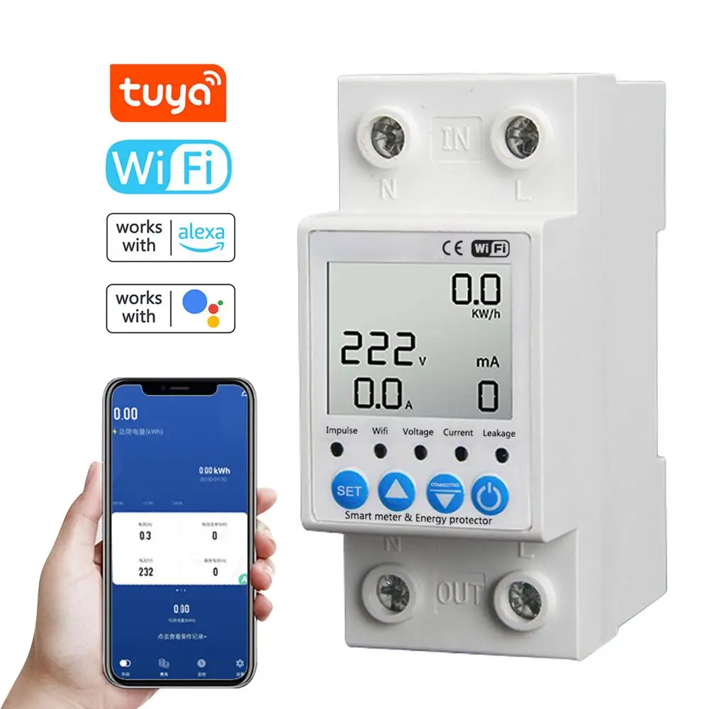 

Tuya WiFi 63A Intelligent Leakage Protecting Switch Current Voltage Monitoring Circuit Breaker Timer Power Meter APP Control