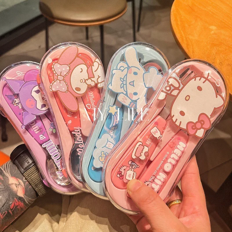 2 pezzi   anime   Hello Kitty   La mia melodia   Cucchiaio forchetta in acciaio inox   Kawaii   Portatile   Forchetta da frutta   decorare   Set di stoviglie   Cucchiaio forchetta   Regalo