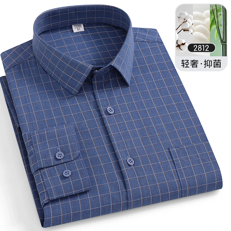 

Bamboo Fiber 7XL 8XL Classic Plaid Stripe Easy care men shirt long sleeve slim fit Formal Business Casual shirt long sleeve men