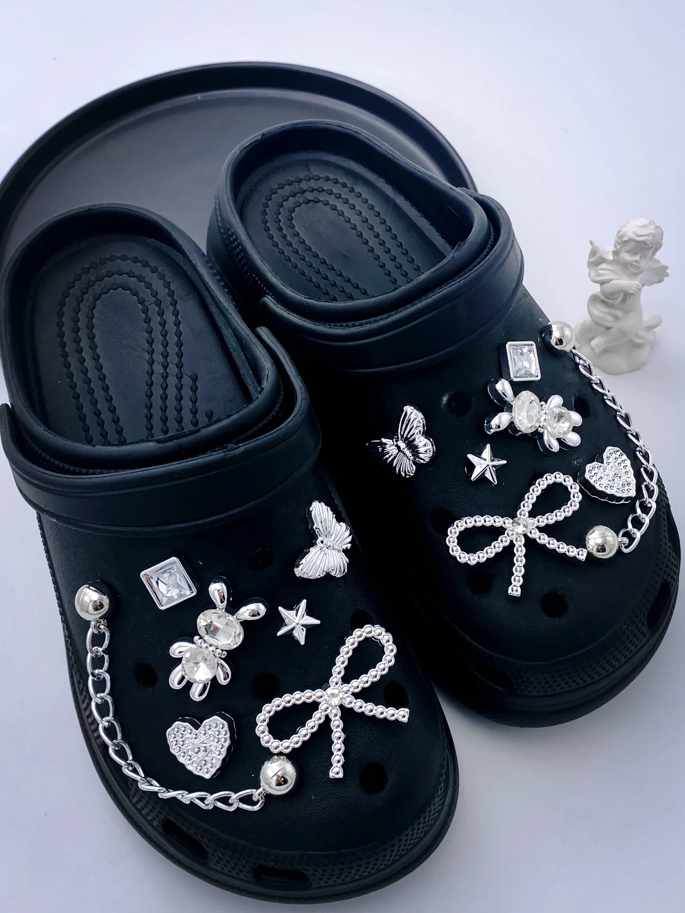 14 pieces of casual silver bow rabbit heart-shaped little butterfly five-pointed star chain ABS resin shoe buckles, DIY decorati
