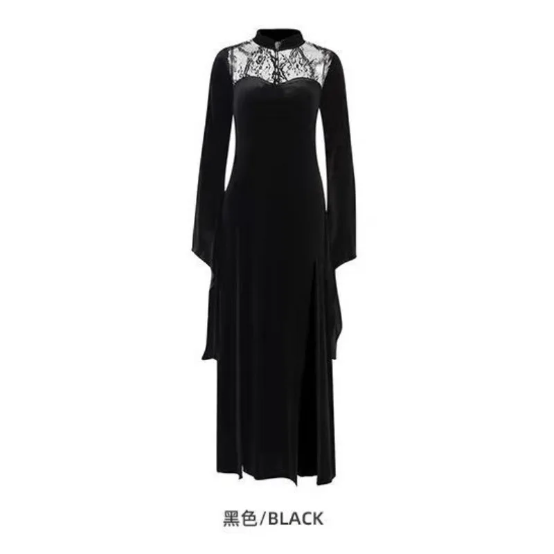 2025 neue Frauen Sexy Spitze Split Lange Kleider Ausschnitt Patchwork Lange Flare Hülse Halloween Hexe Cosplay Kleid Bodycon Party Kleid
